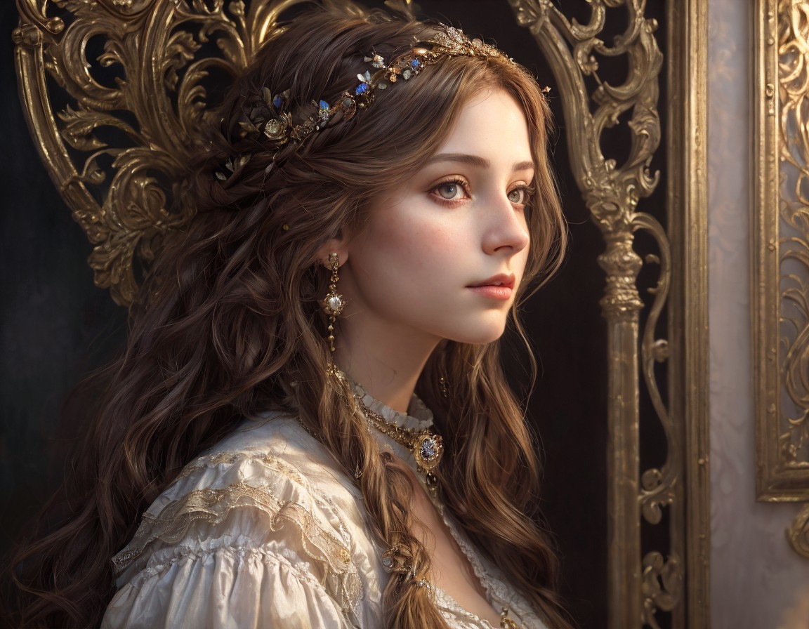 Young woman in vintage dress with hair adornments