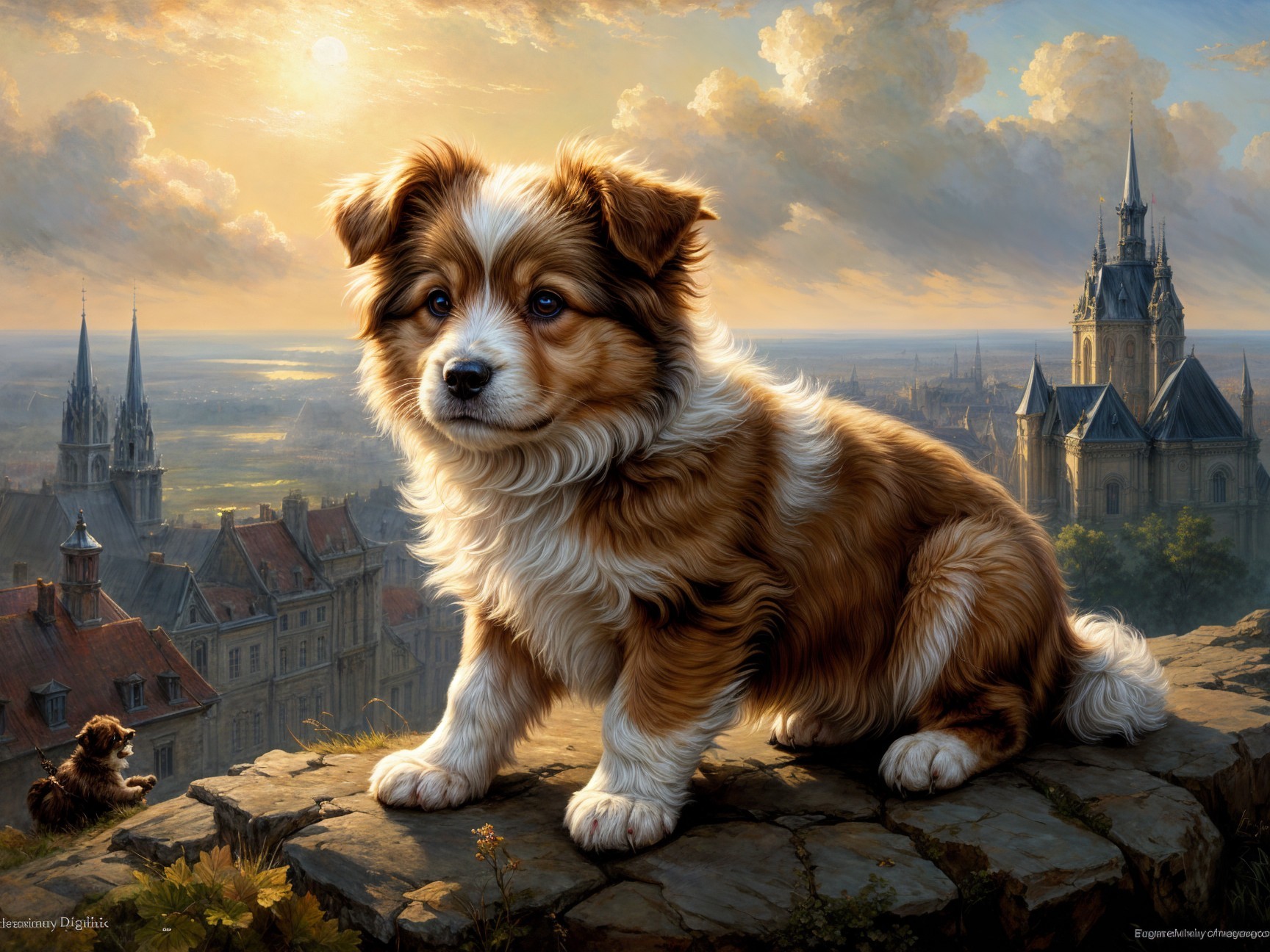 Fluffy Puppy on Rocky Ledge with Scenic Landscape