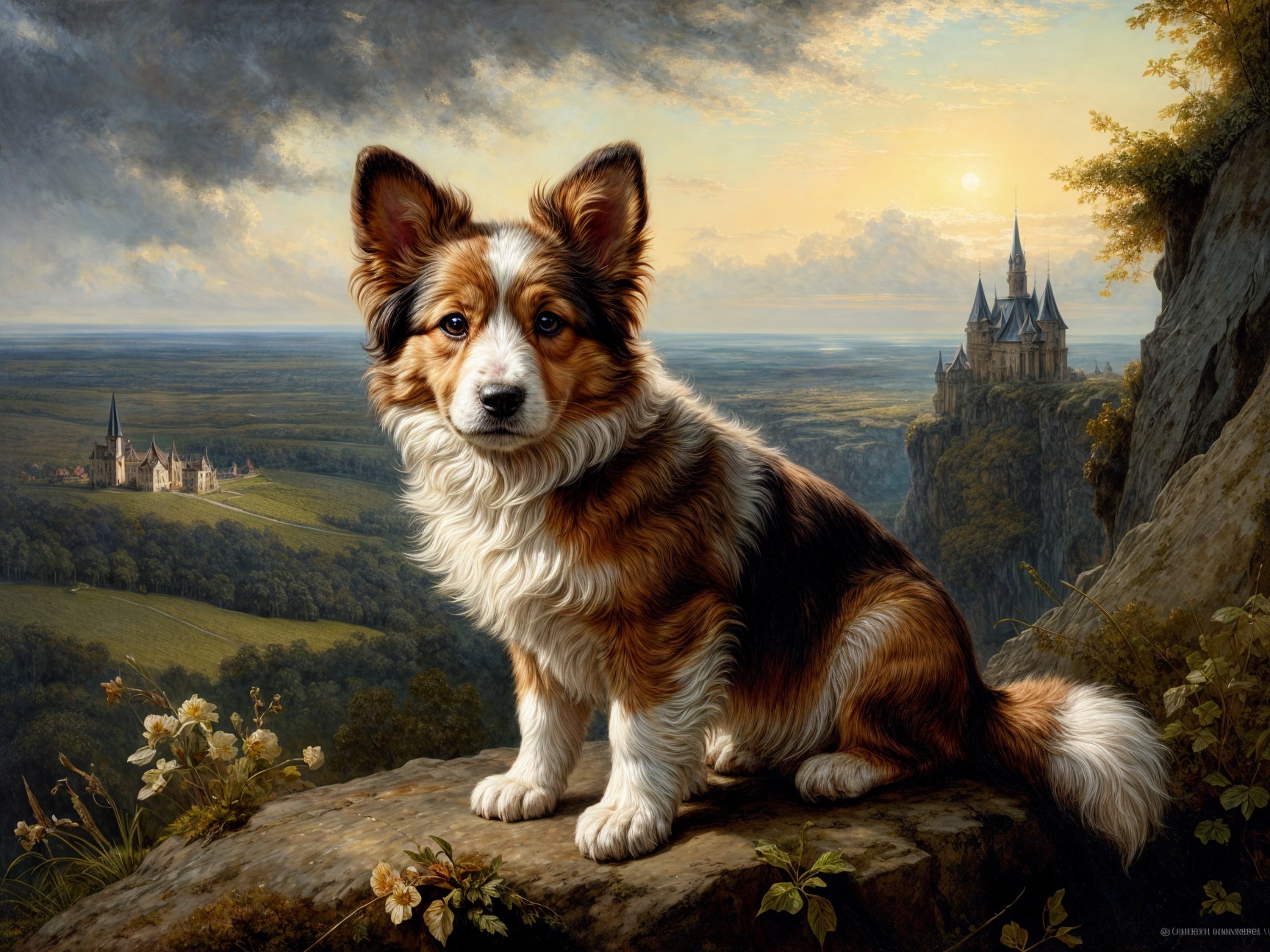 Corgi on Rocky Ledge with Scenic Castle View
