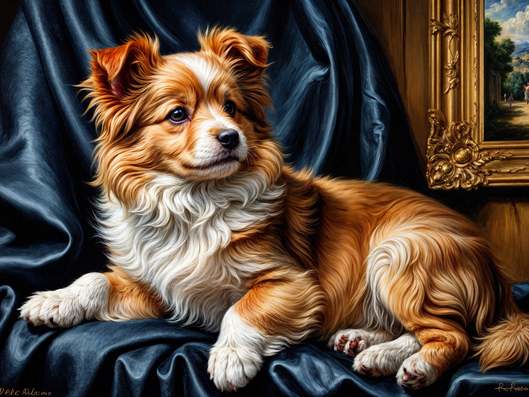 Fluffy Golden-Brown Dog on Elegant Blue Fabric