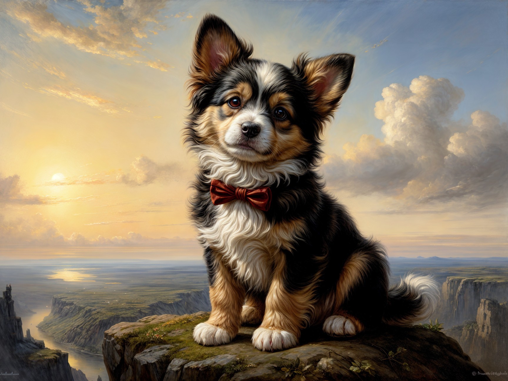 Fluffy Dog with Bow Tie on Rocky Ledge at Sunset