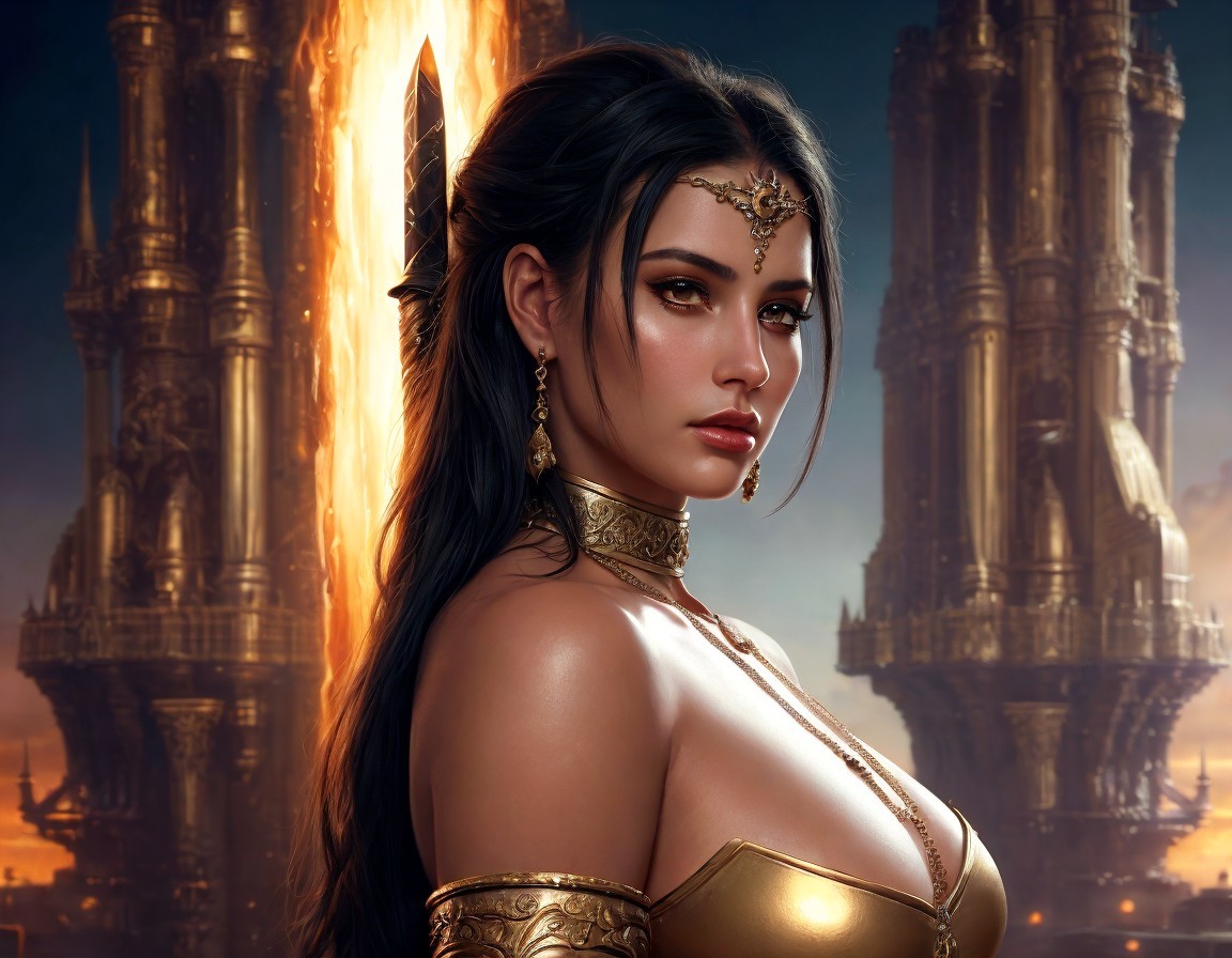 Fantasy Warrior Woman in Gold Armor with Castle Background