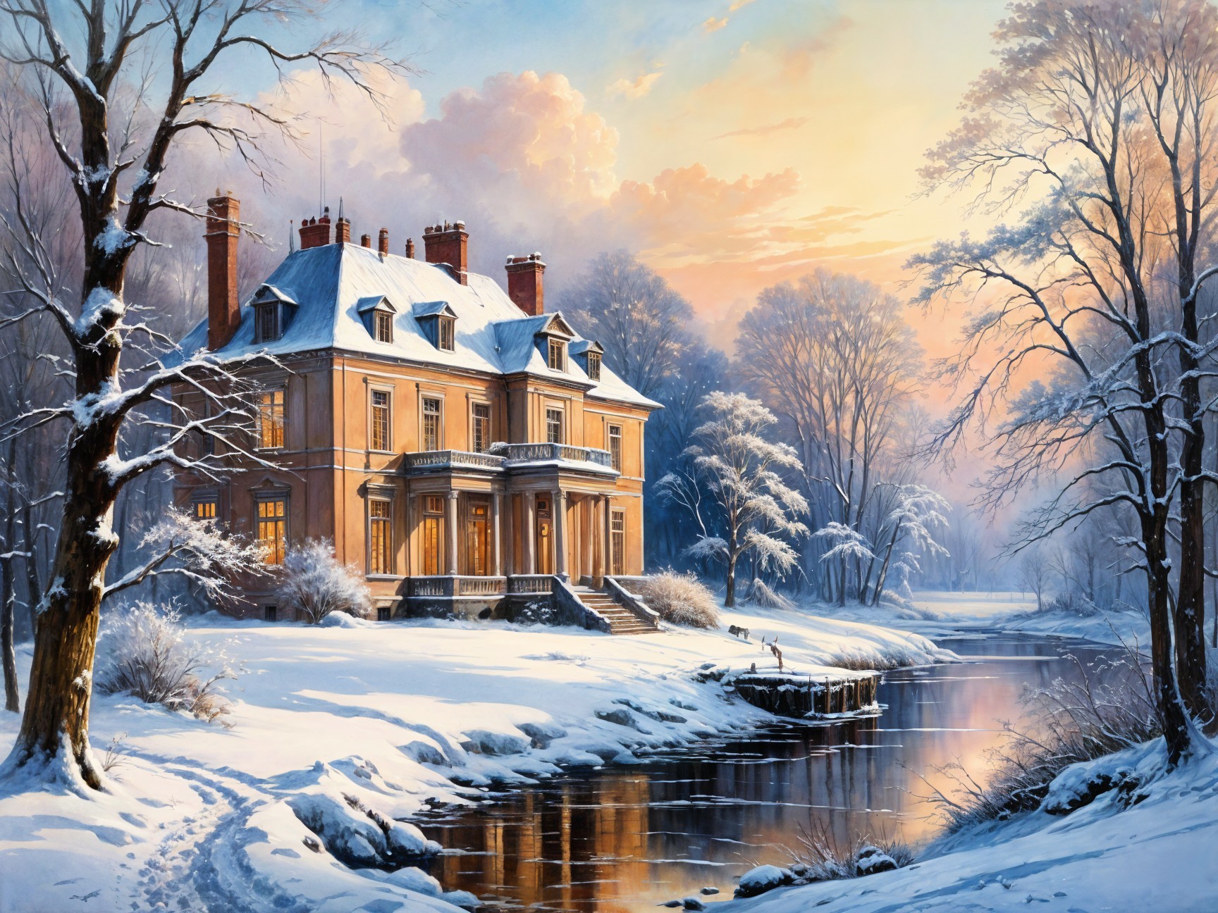 Mansion by River in Winter Wonderland Setting