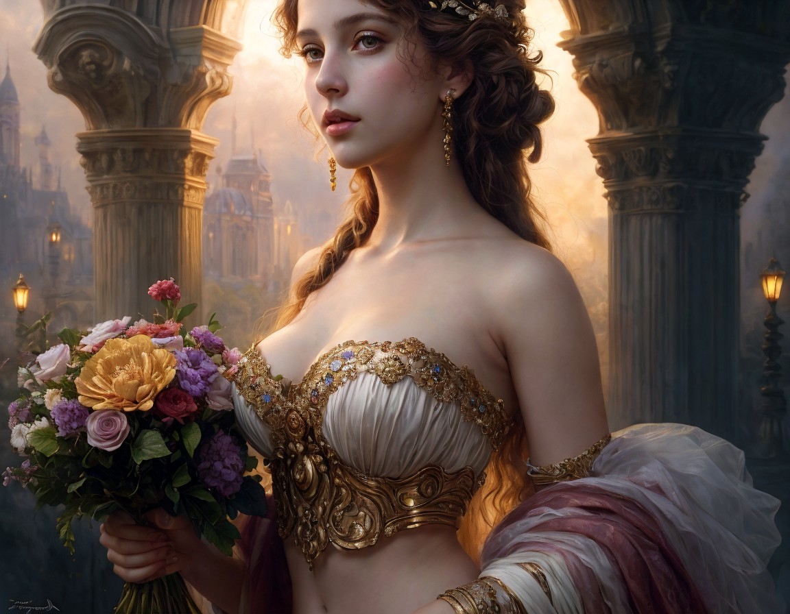 Elegant woman in golden gown with bouquet and columns