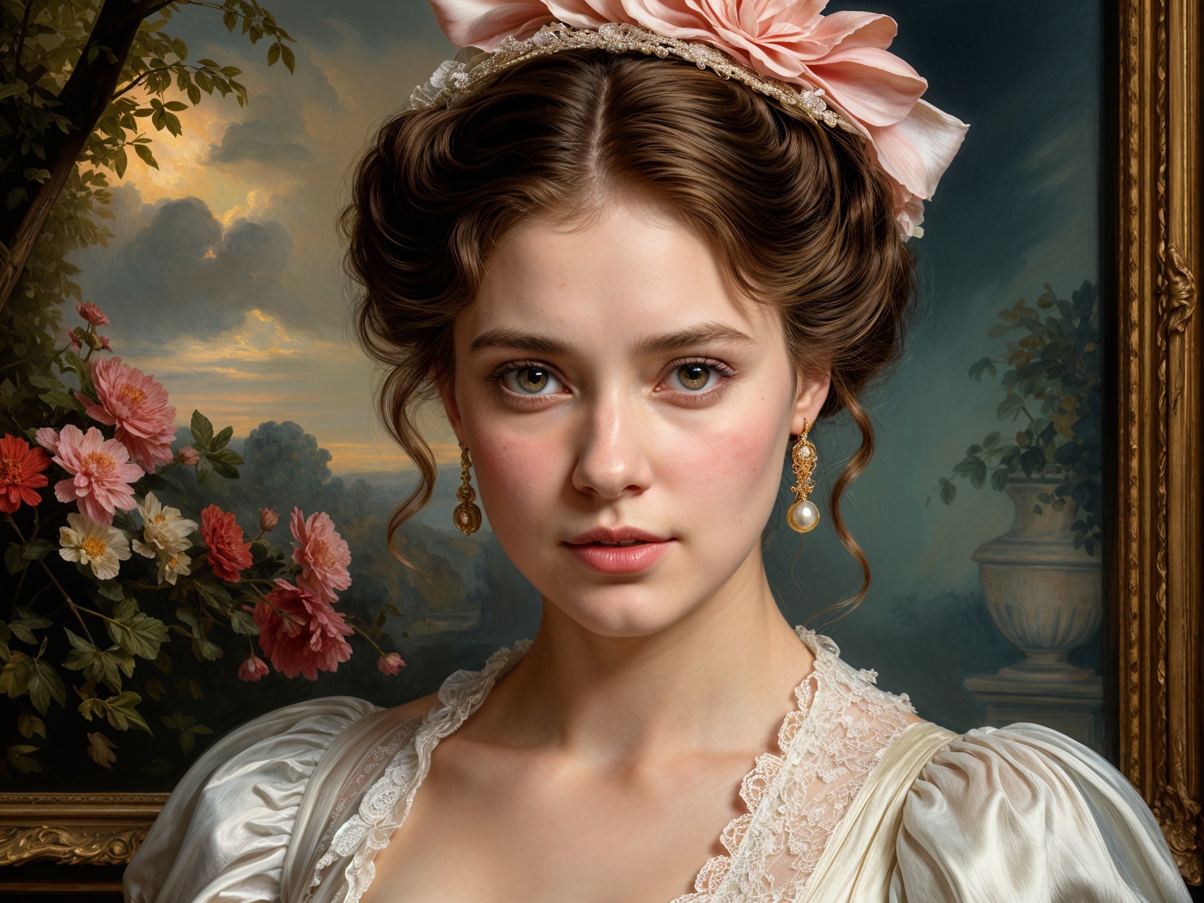 Young woman in vintage dress with floral backdrop