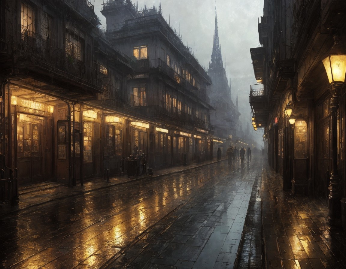Historic cobblestone street on a rainy day with glowing windows and distant cathedral.