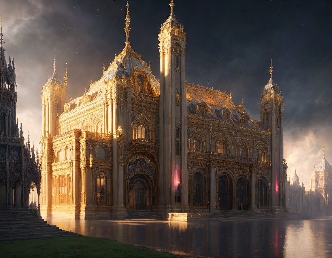 Gothic Palace at Dusk with Water and Dramatic Sky