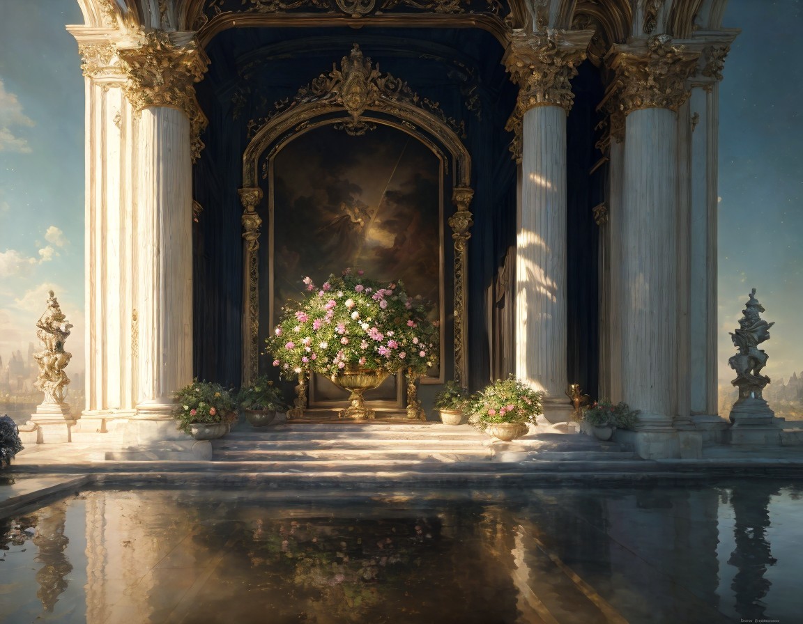 Luxurious Hallway with Arches, Grand Painting, Flower Urns, and Reflective Floor