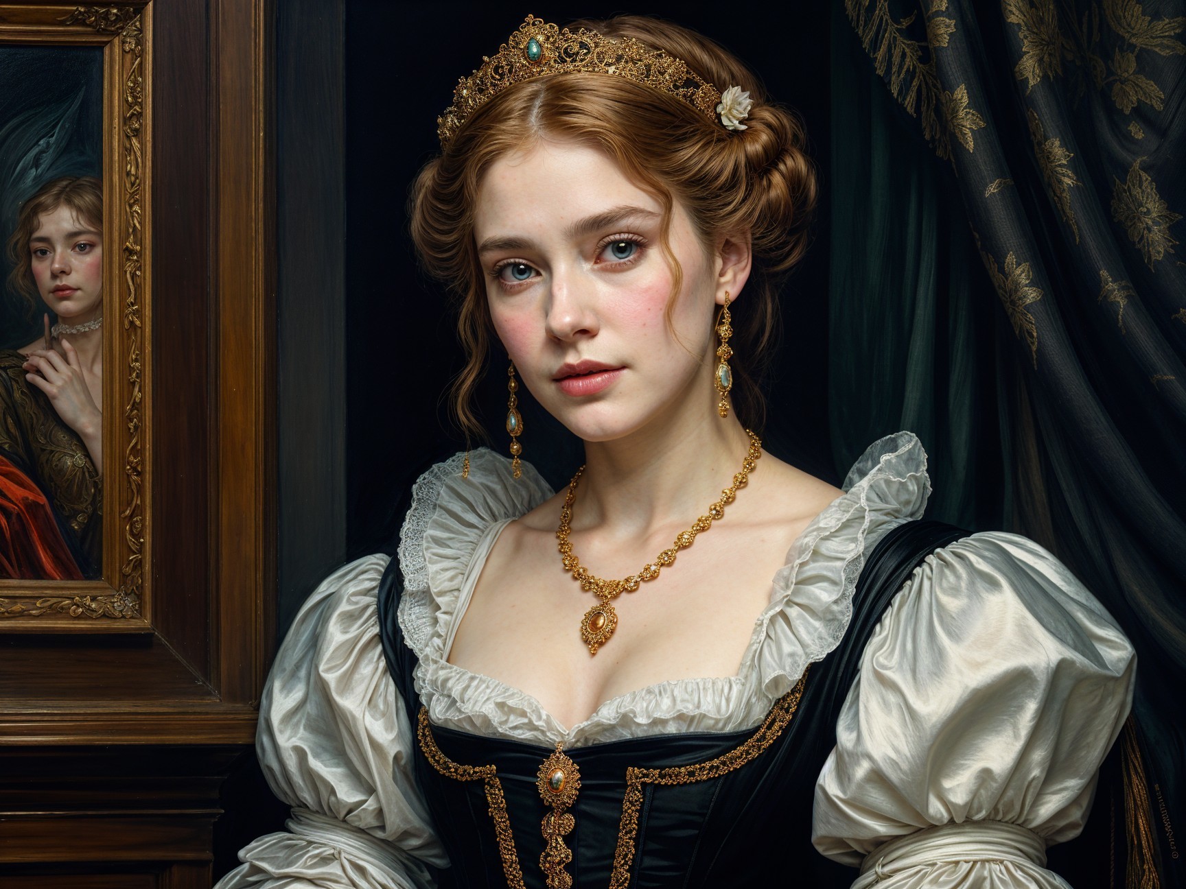 Noble Woman in Luxurious Black and White Gown