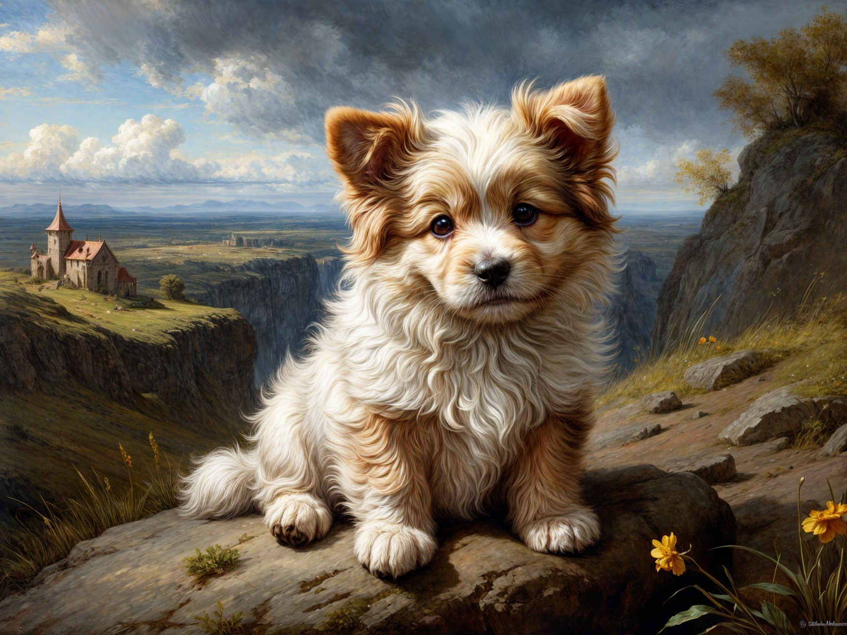 Fluffy Puppy on Rocky Outcrop with Scenic Landscape