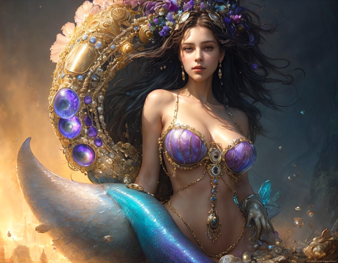 Fantasy Mermaid with Jeweled Crown and Purple Tail