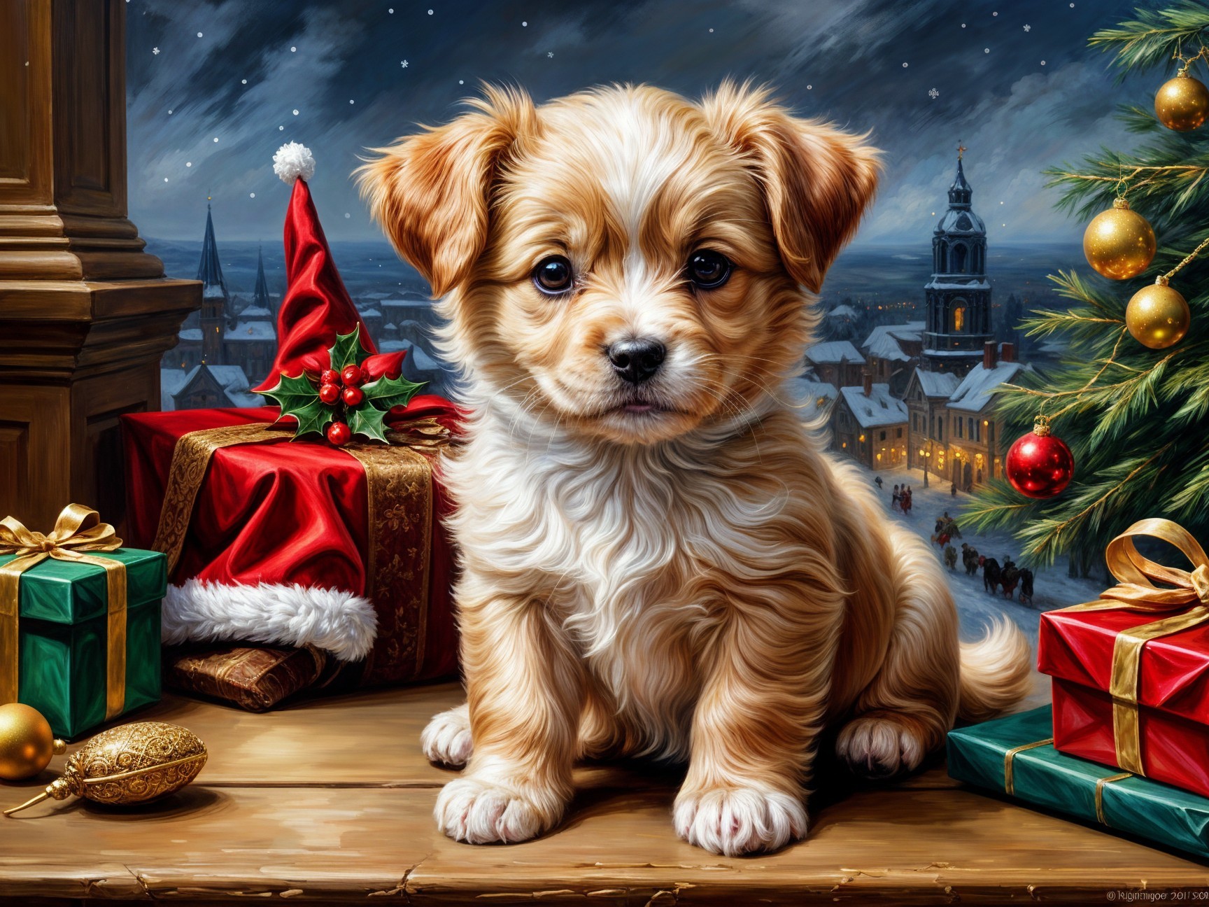 Puppy with festive decorations in snowy town scene