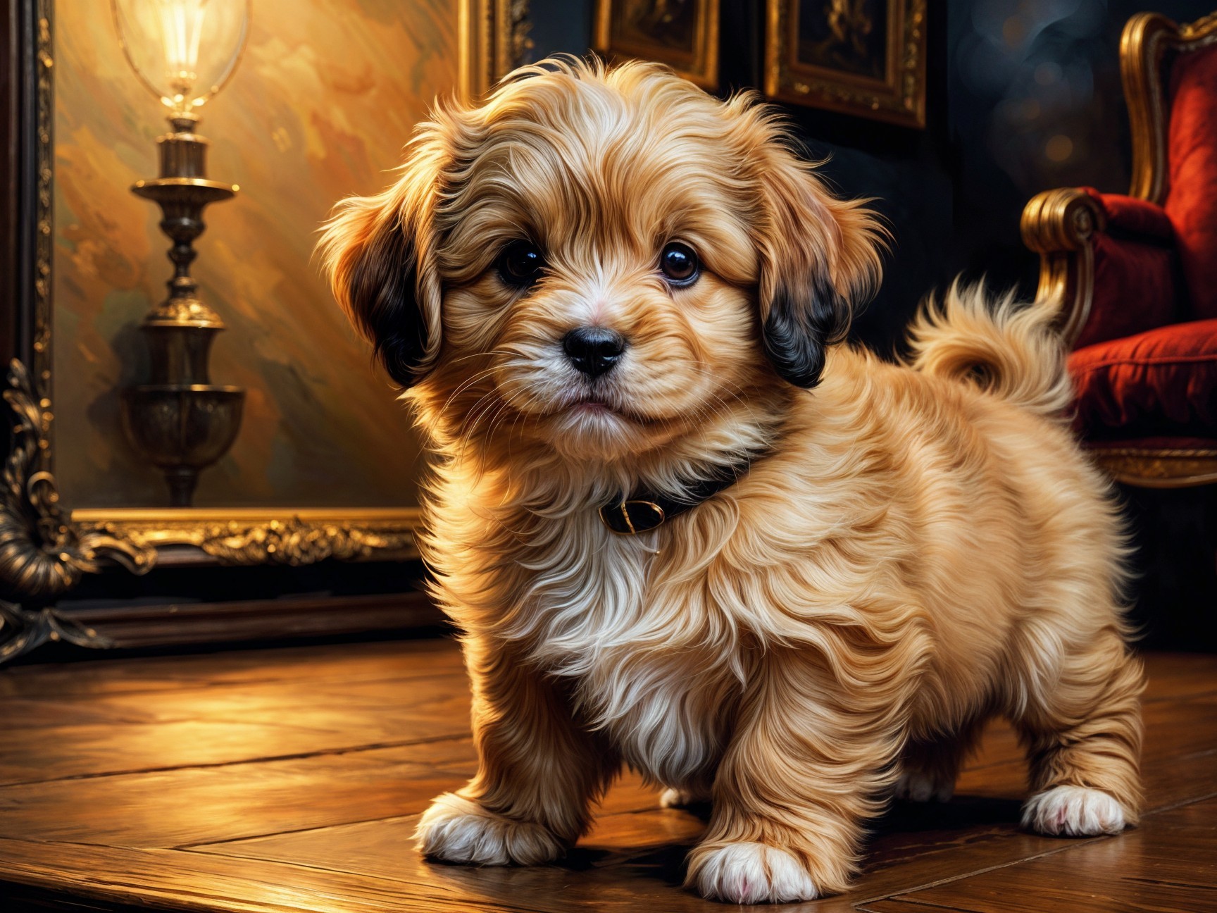 Fluffy Golden-Brown Puppy on Polished Wooden Floor