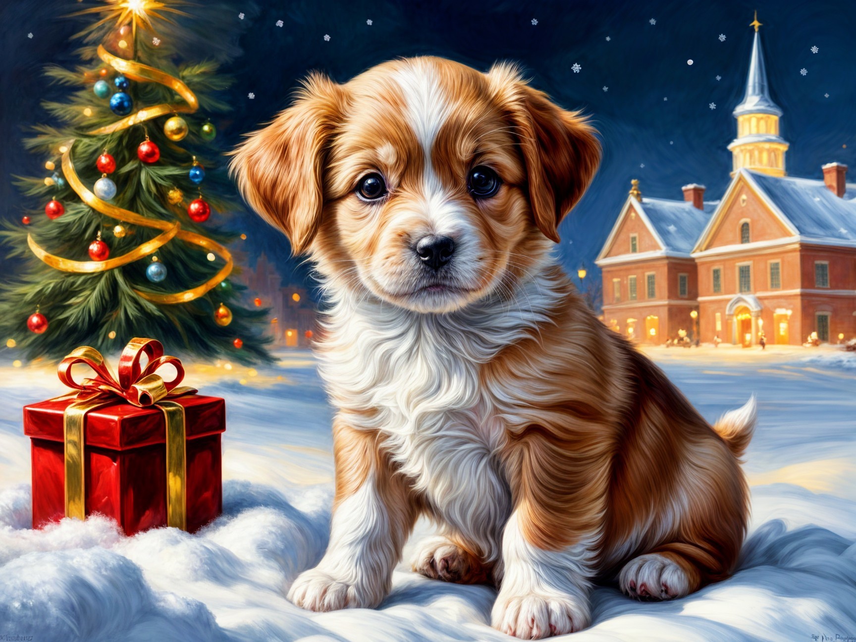 Fluffy Puppy in Snowy Holiday Scene with Decorations