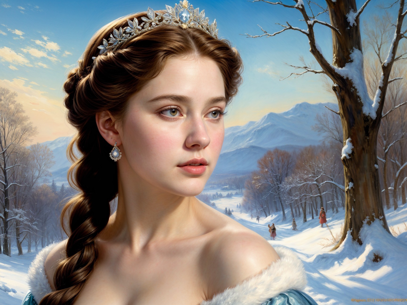 Young woman in icy blue gown with tiara in winter scene