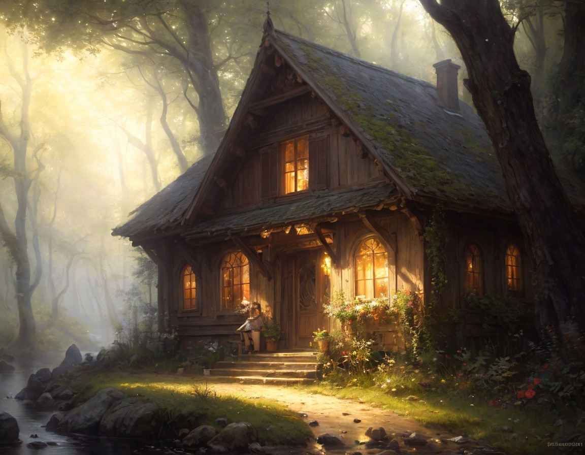 Wooden cottage with thatched roof in serene forest glade