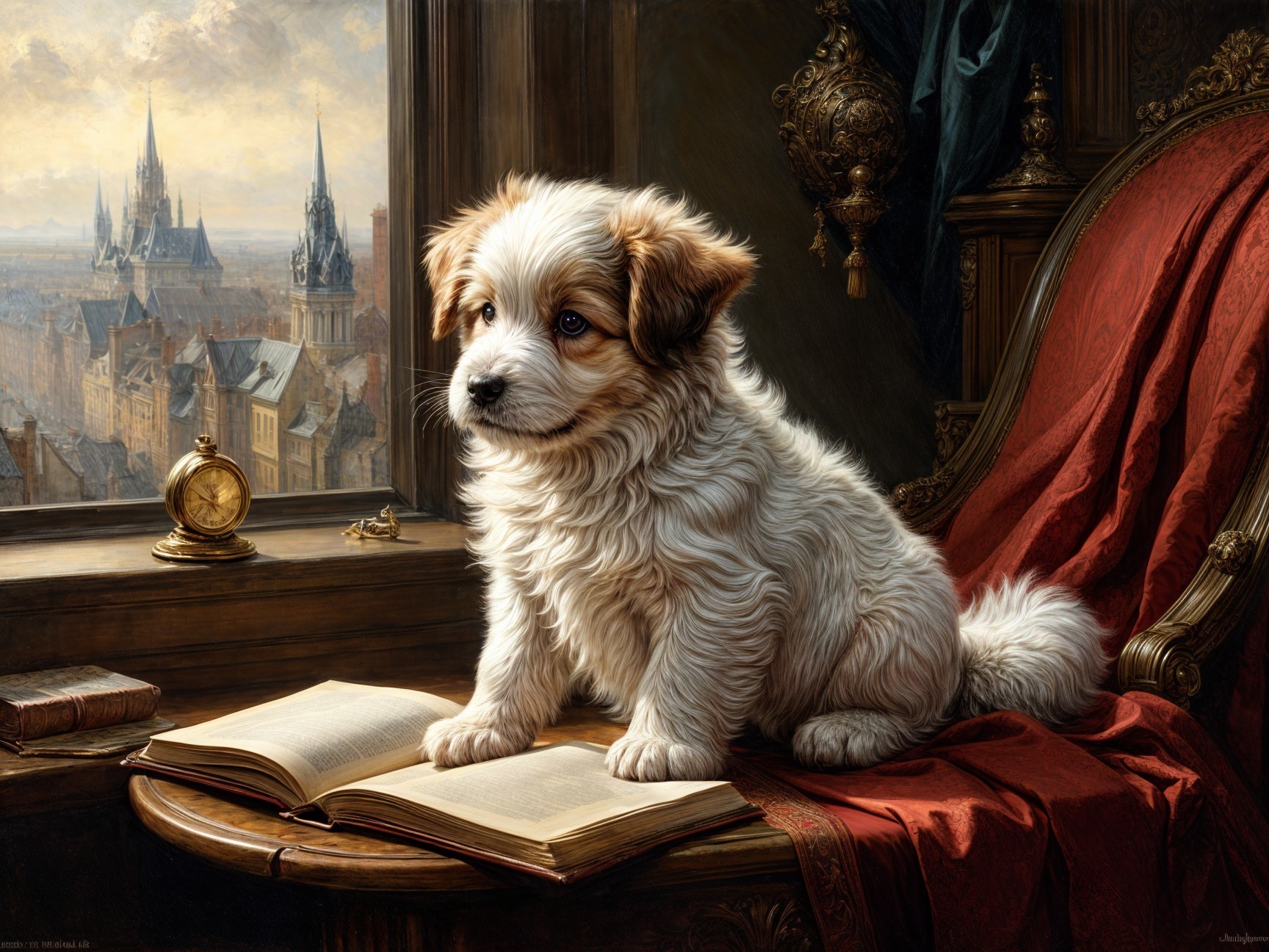 Fluffy Puppy on Book with Cityscape View Behind