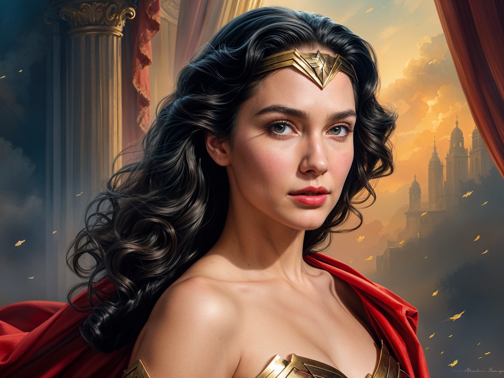 Portrait of a Superheroine in a Fantastical Cityscape