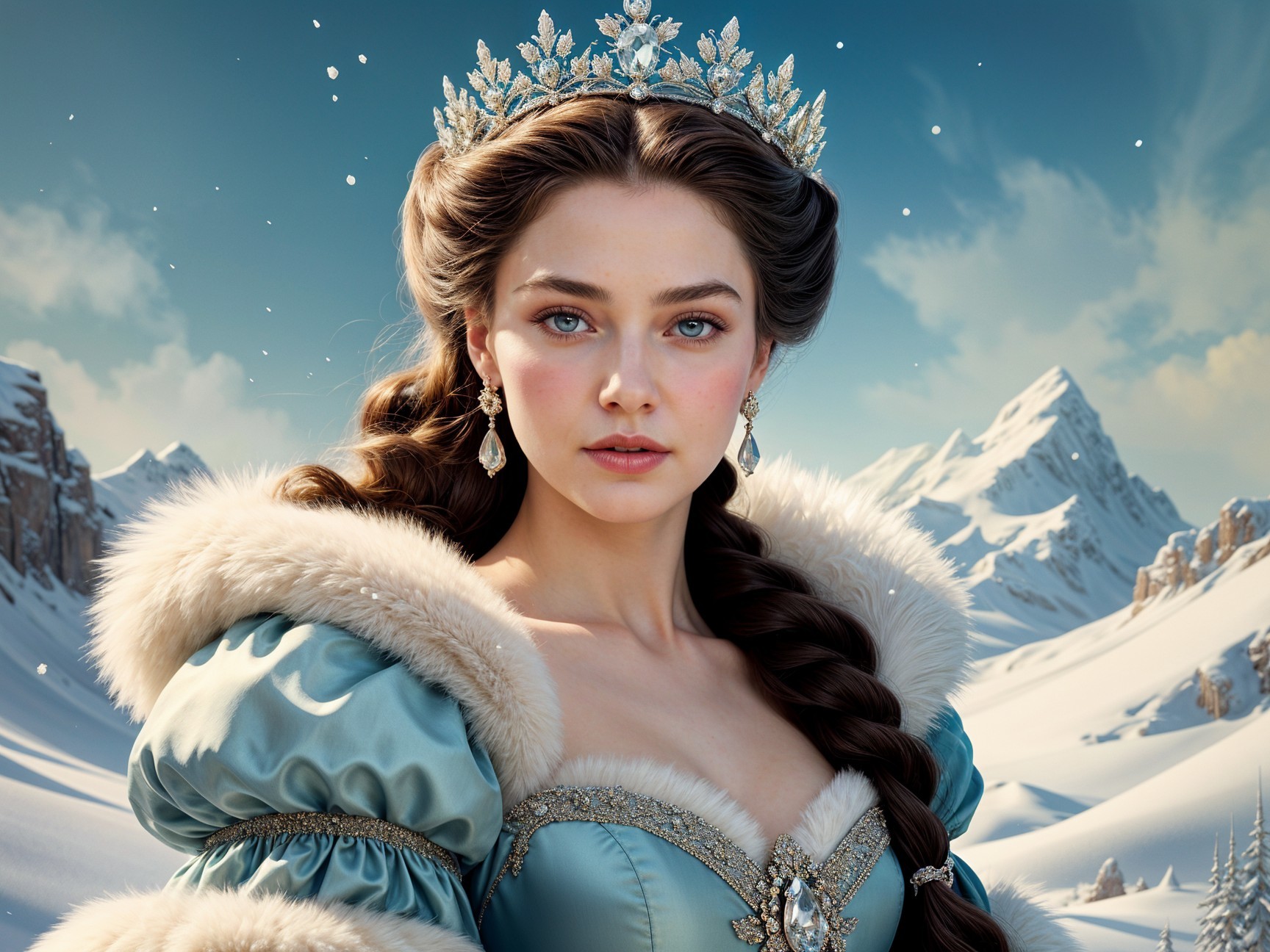 Regal Young Woman in Ice-Blue Gown in Snowy Landscape