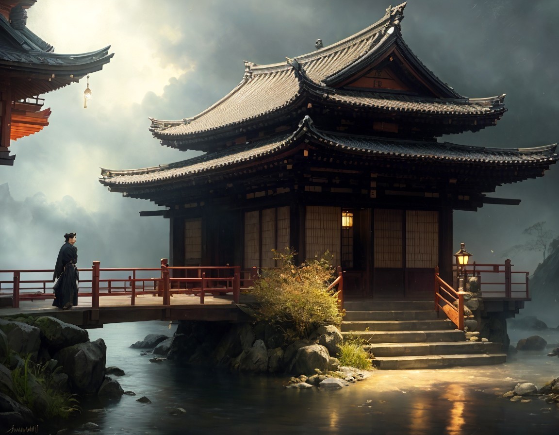 Tranquil Japanese Architecture Amid Foggy Mountains