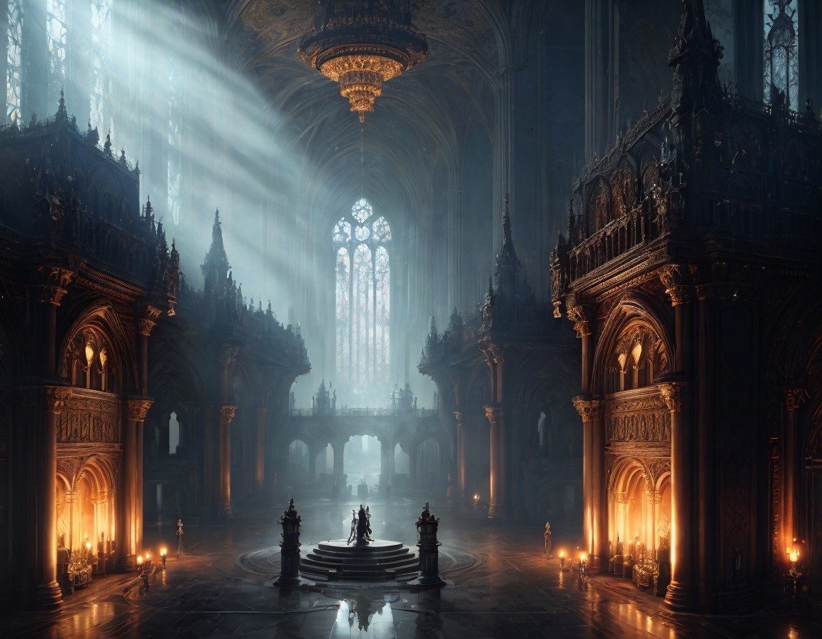Gothic cathedral interior with sunlight rays, arches, candles, and altar