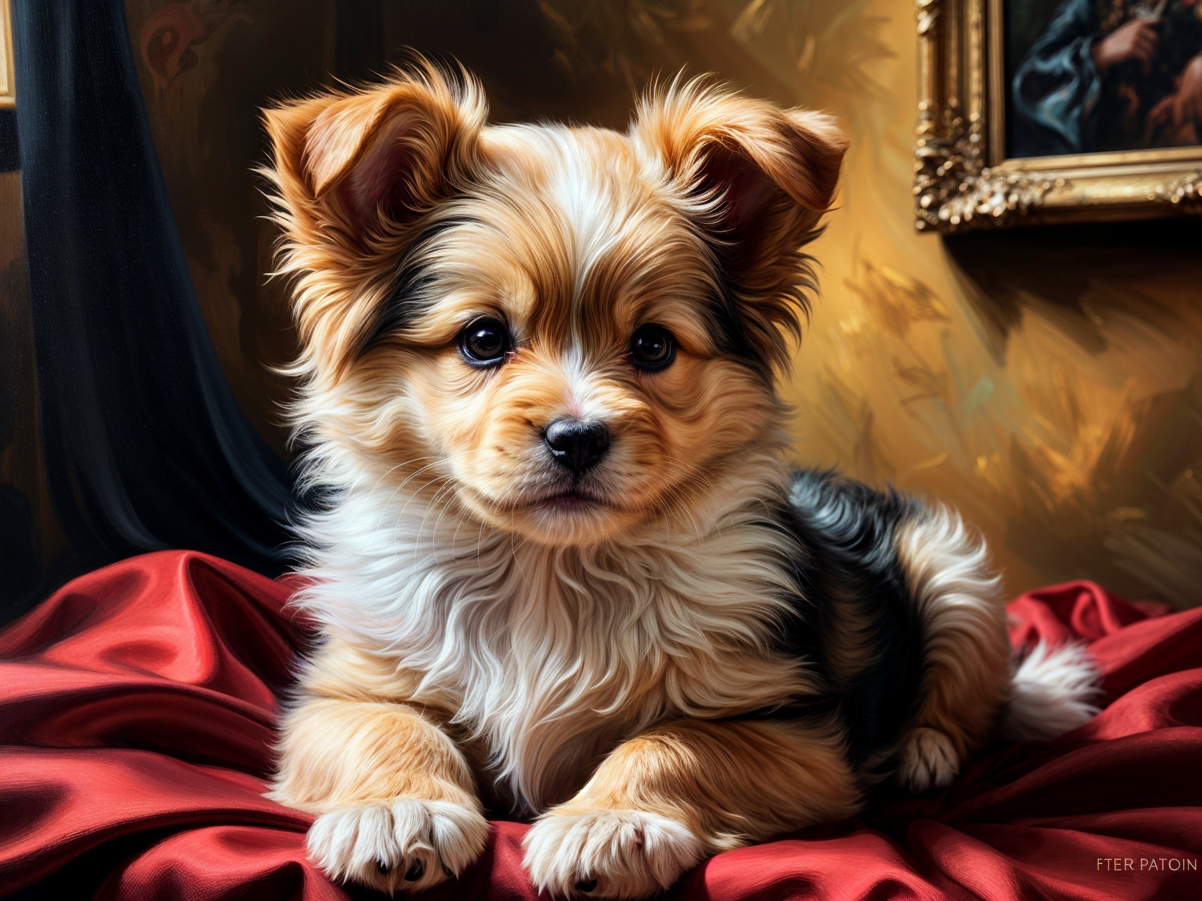 Small Fluffy Puppy on Luxurious Red Drape