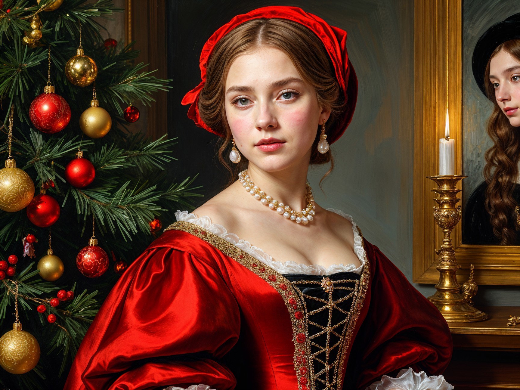 Young Woman in Red Gown by Christmas Tree