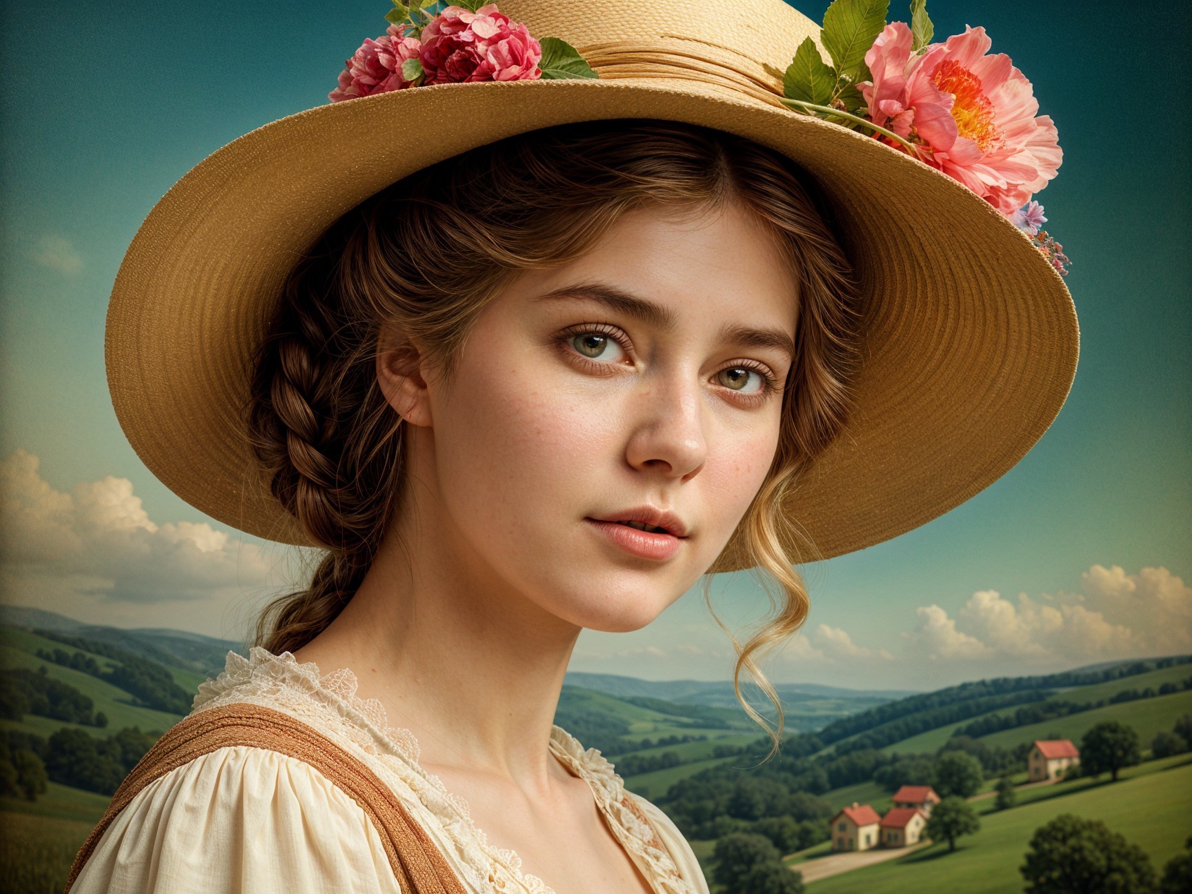 Young Woman in Vintage Dress in Serene Rural Setting