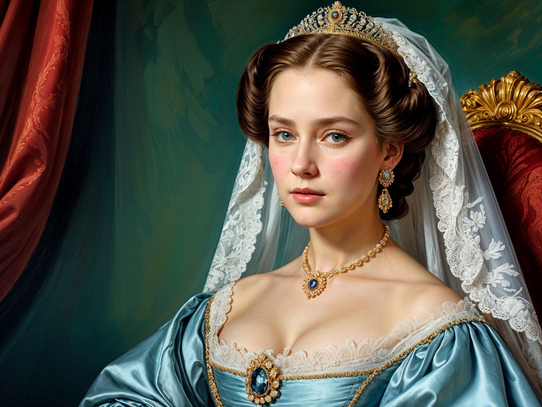 Elegant young woman in lavish blue gown and tiara