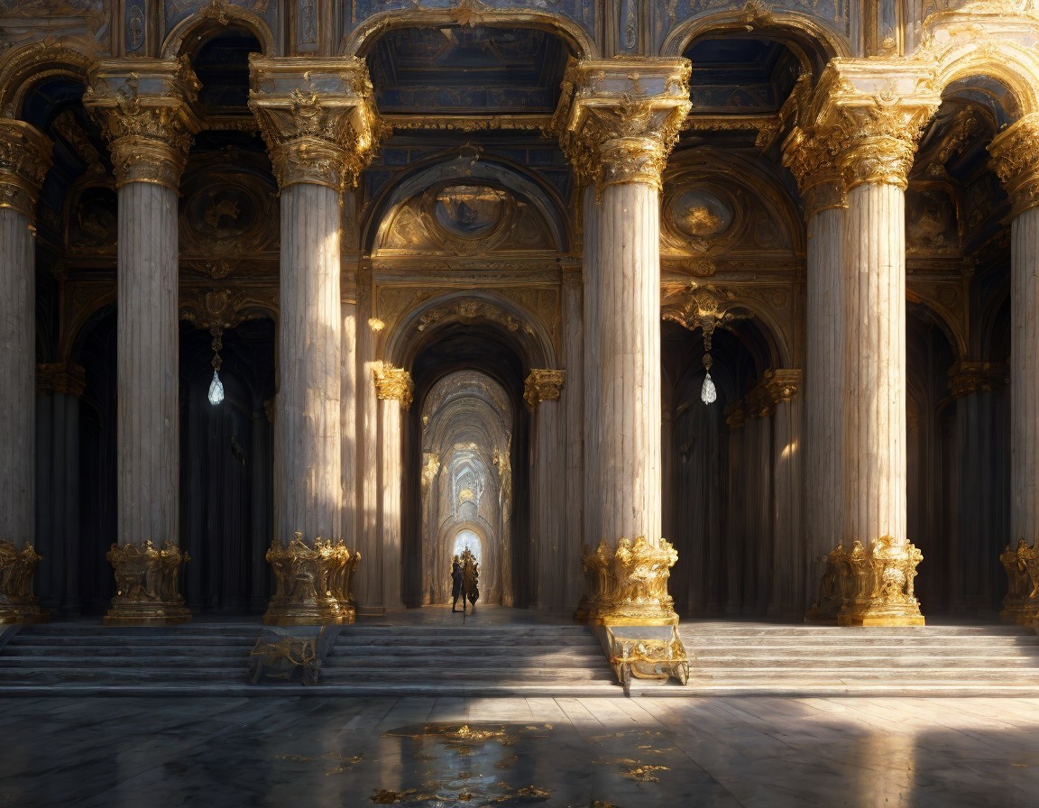 Opulent hall with golden columns and intricate frescoes