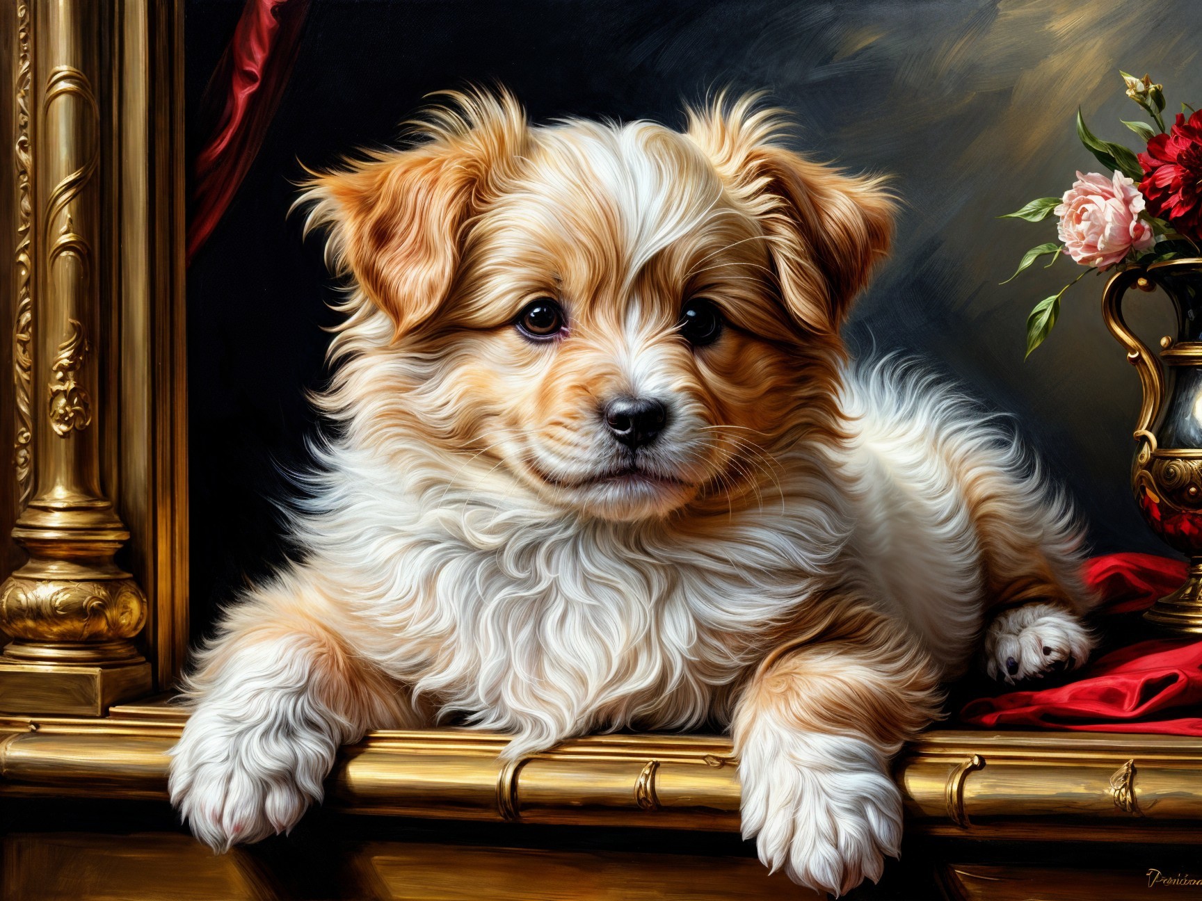 Fluffy Puppy on Gilded Frame with Floral Background
