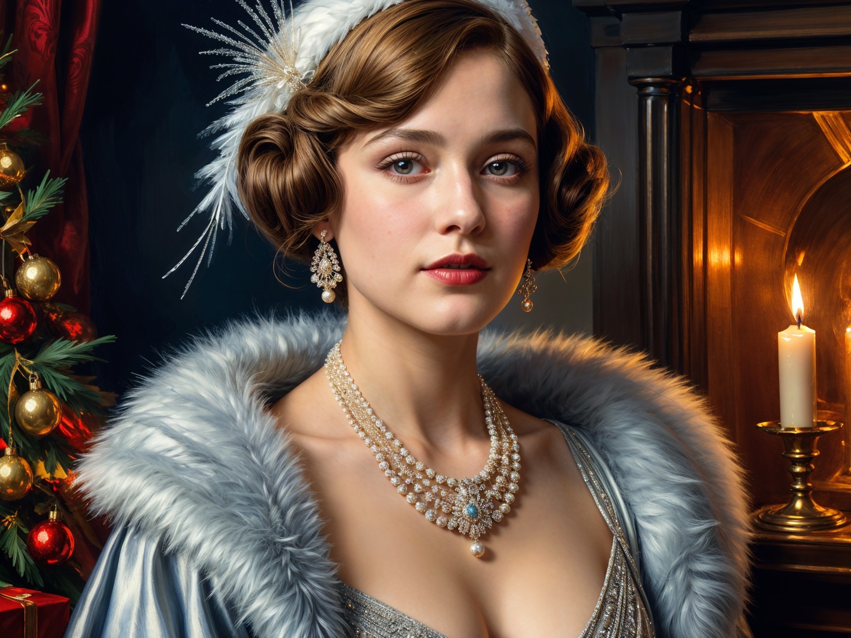 Elegant Woman in Fur Shawl by Christmas Tree