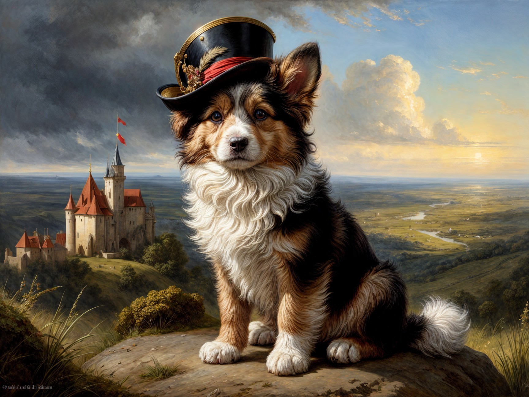 Fluffy Dog in Hat by Scenic Castle Landscape