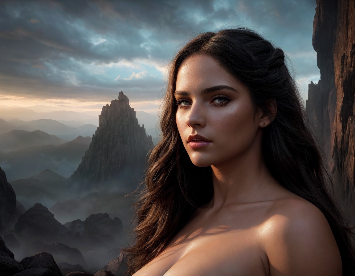 Woman with Dark Hair in Dramatic Mountain Landscape
