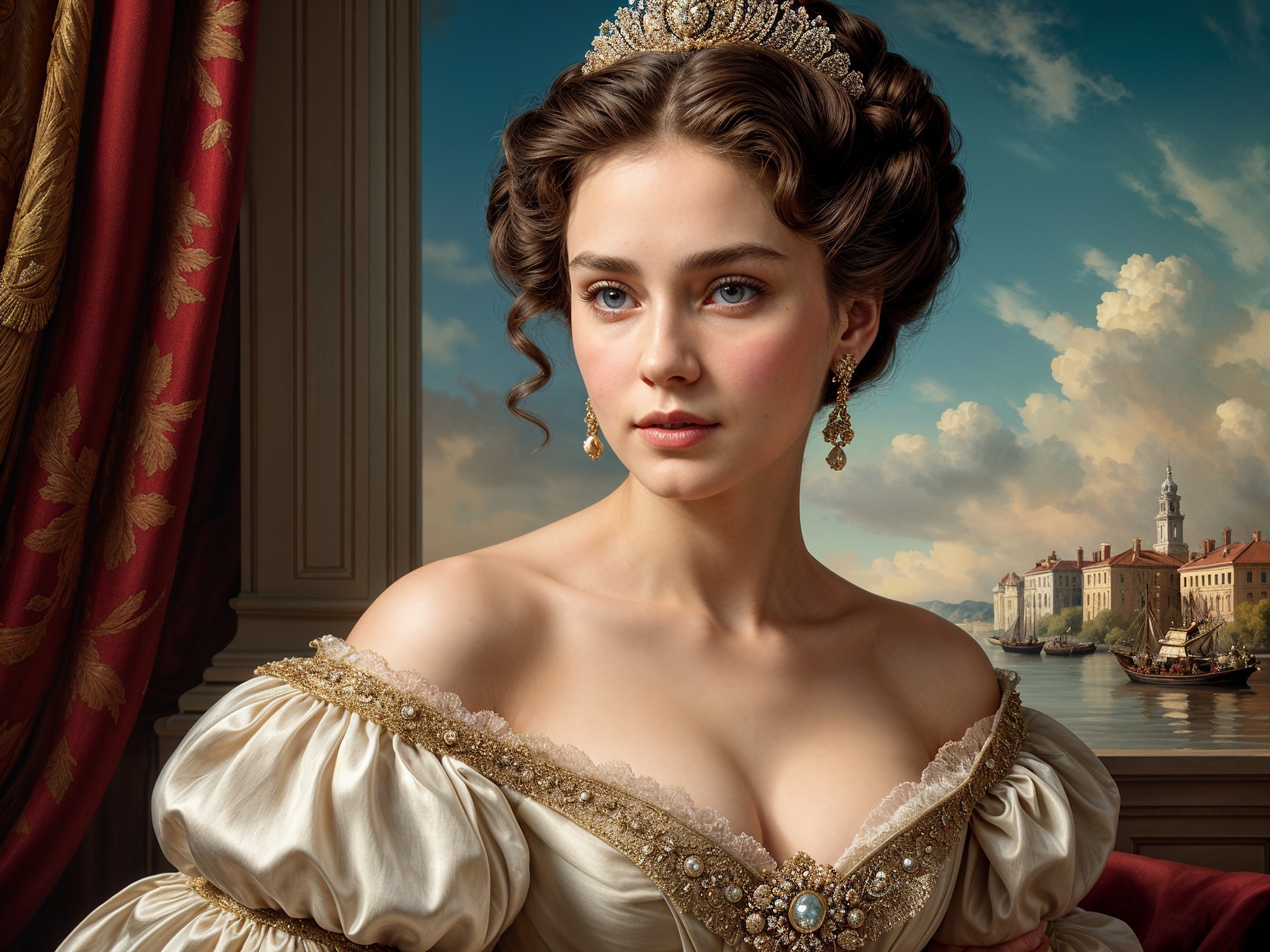 Young Woman in Historical Gown by Waterfront Scene