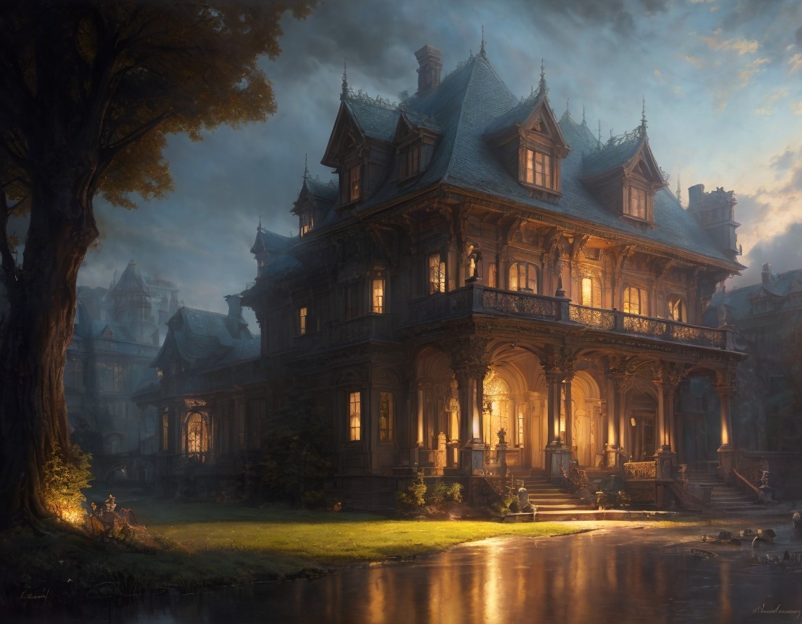 Illuminated Victorian House by Tranquil Pond at Dusk