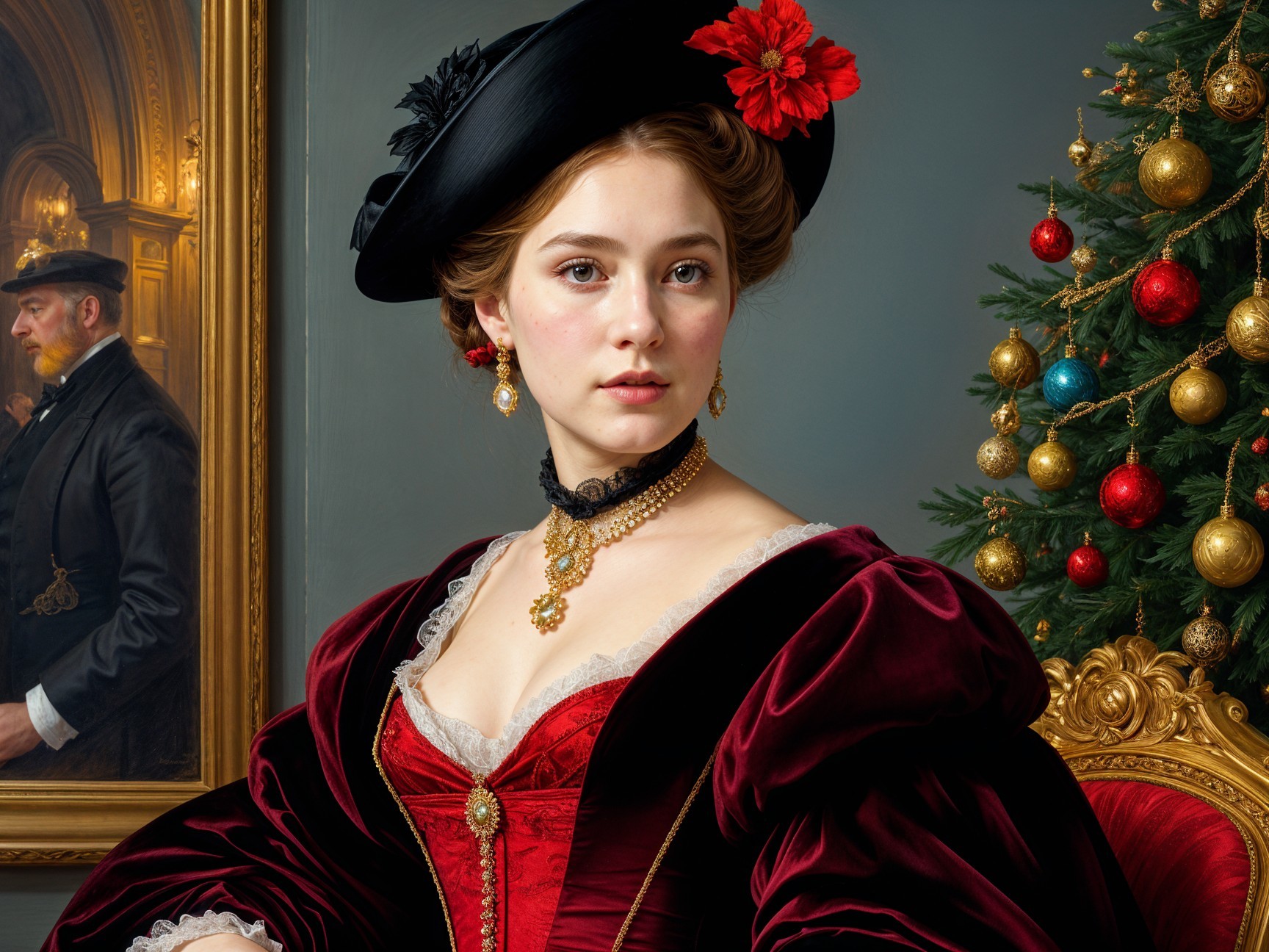 Young Woman in Vintage Burgundy Gown by Christmas Tree