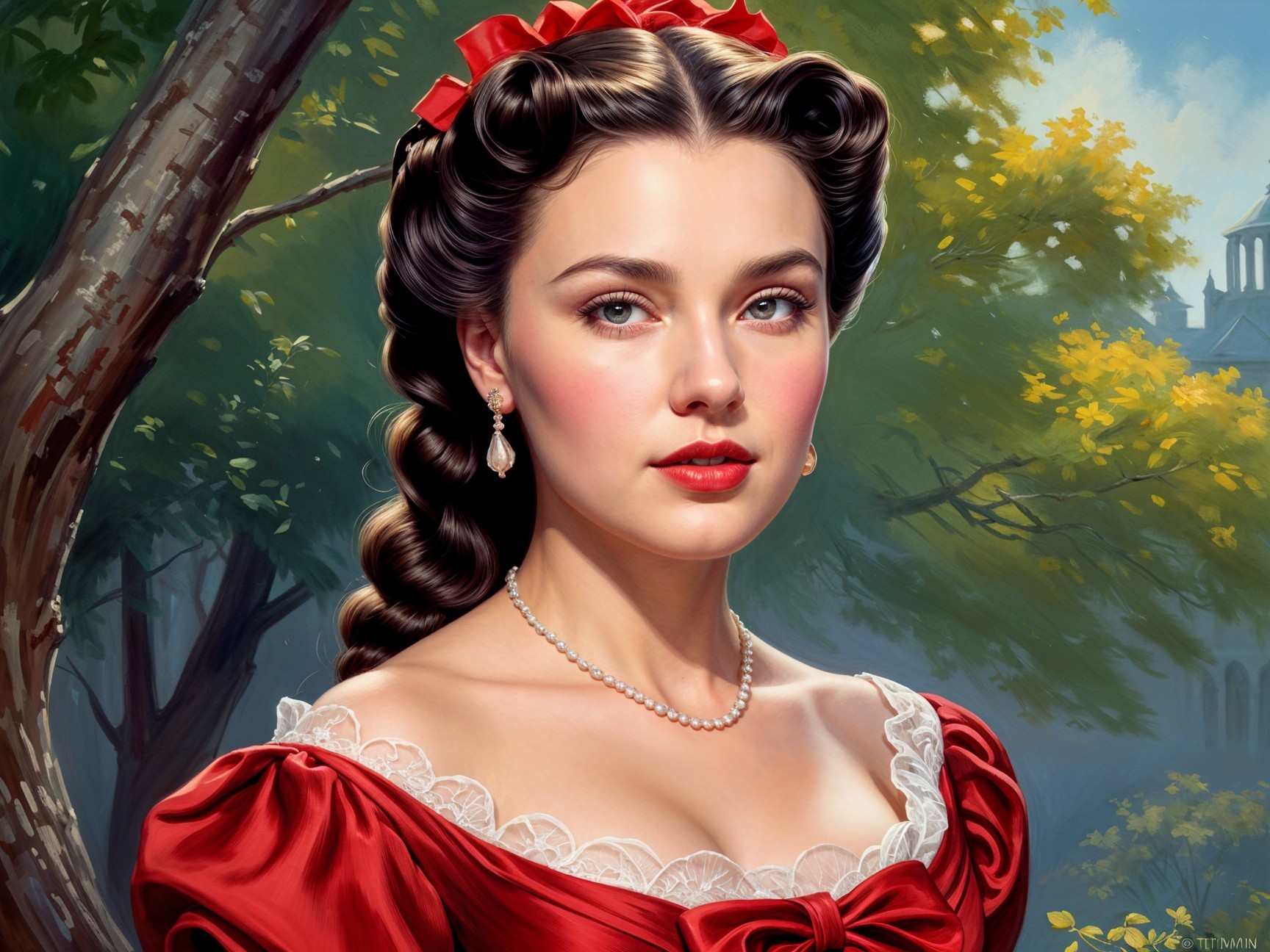 Young Woman in Elegant Red Dress with Romantic Style