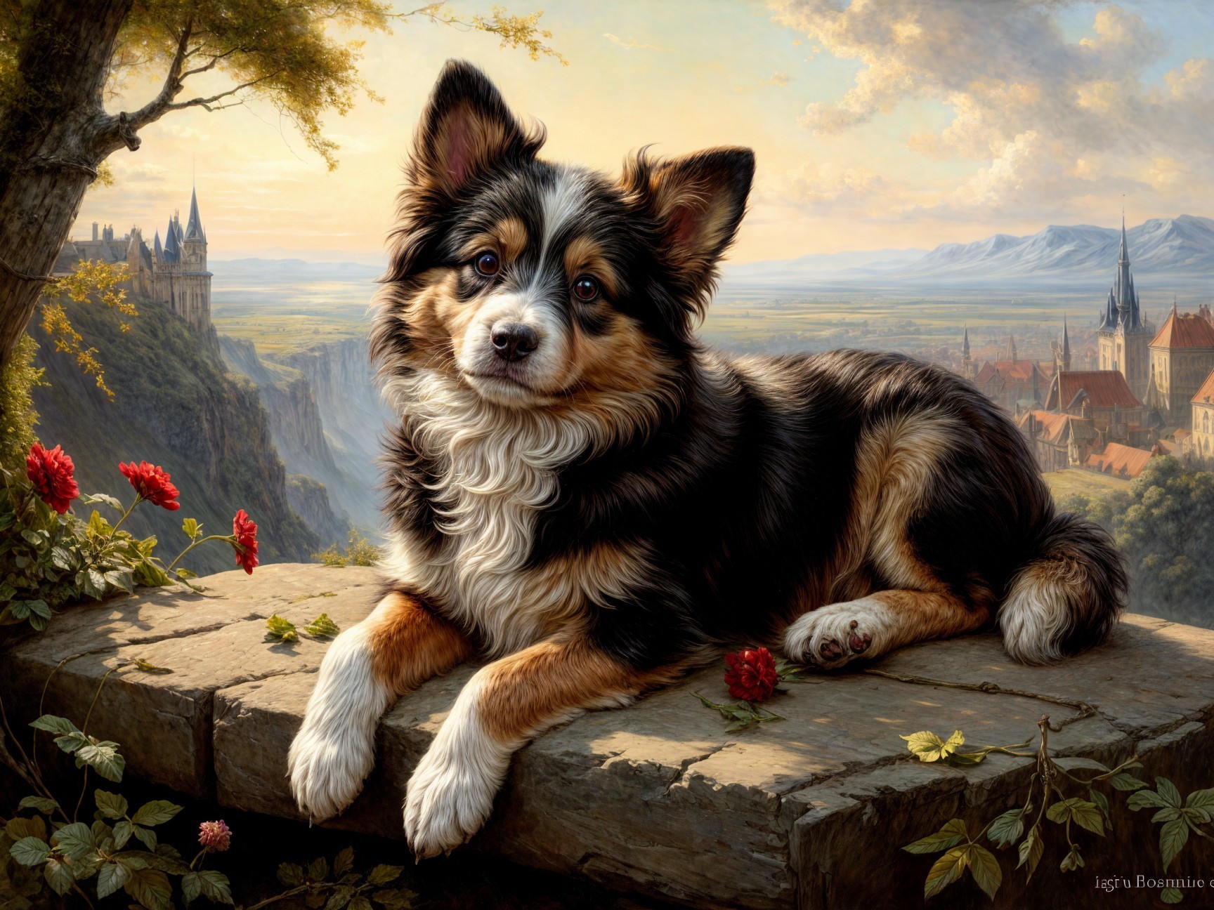 Tri-colored dog resting on stone ledge at sunset
