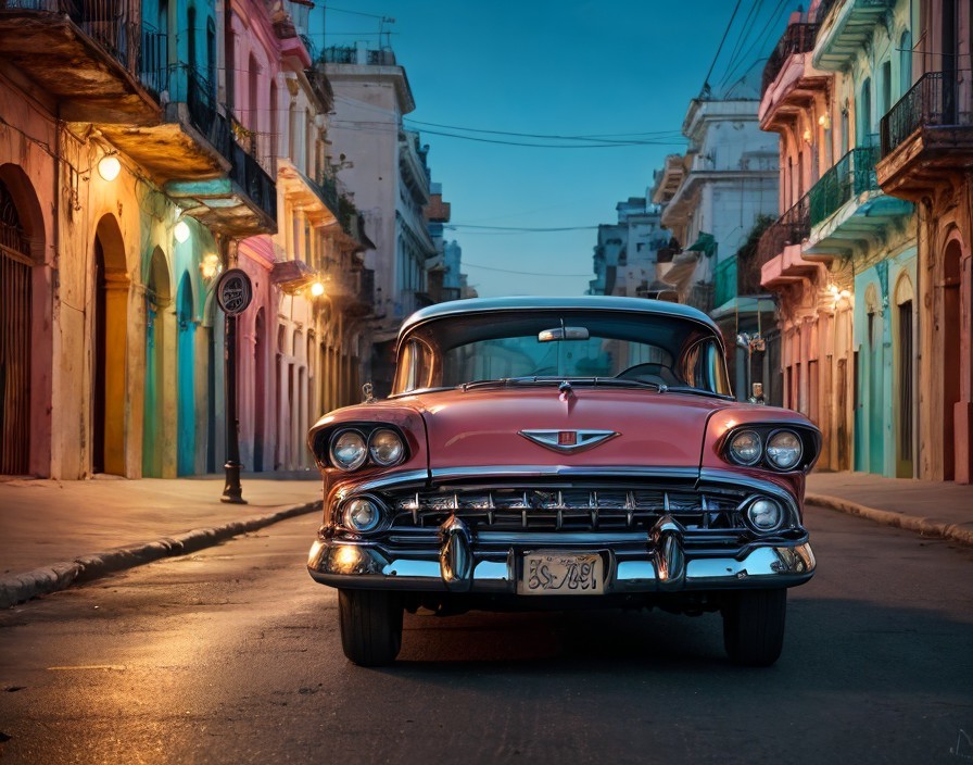 Vintage Pink Car on Cobblestone Street with Colonial Buildings at Dusk