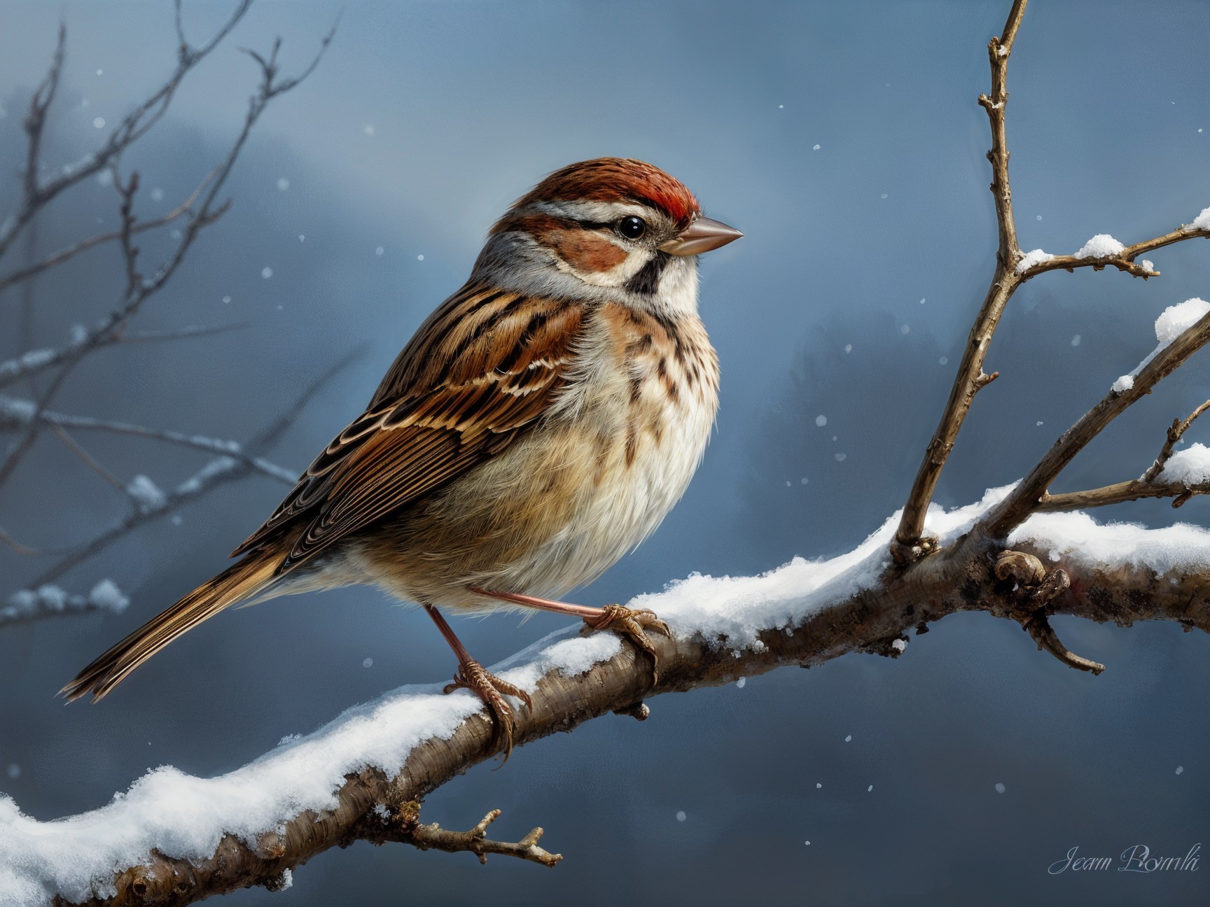 Colorful Bird on Snow-Covered Branch in Winter Scene