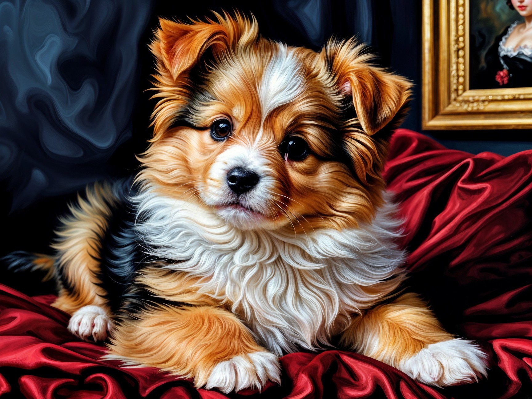 Charming Tri-Colored Puppy on Red Velvet Fabric