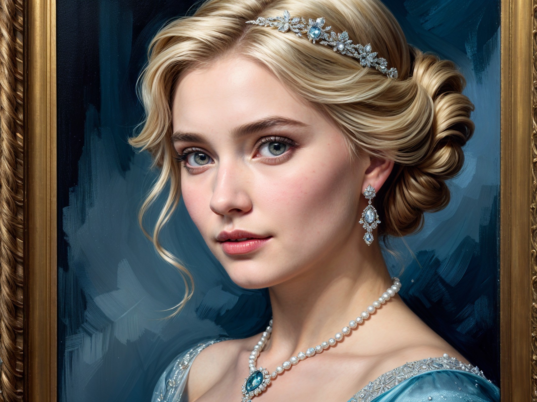 Elegant Young Woman in Light Blue Gown and Tiara