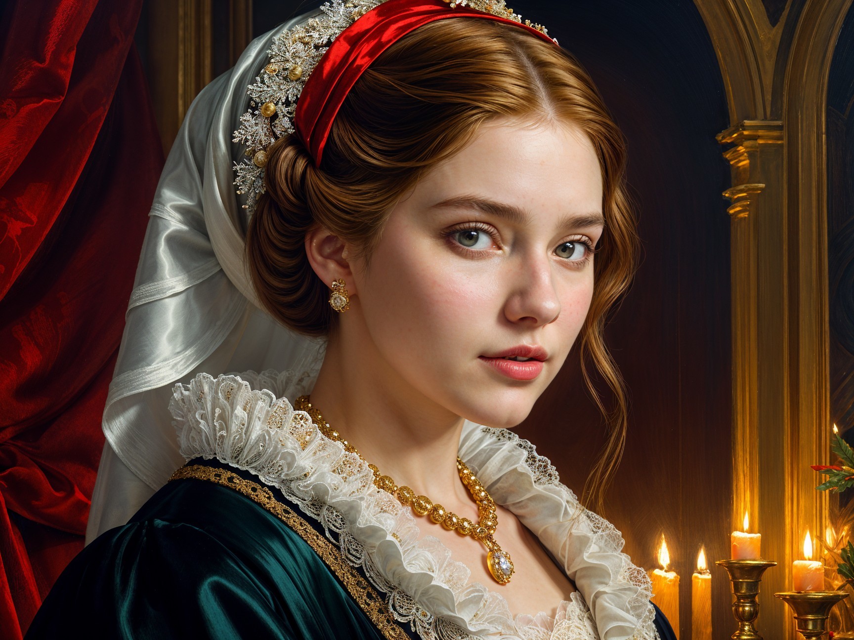 Young woman in green gown in candlelit setting