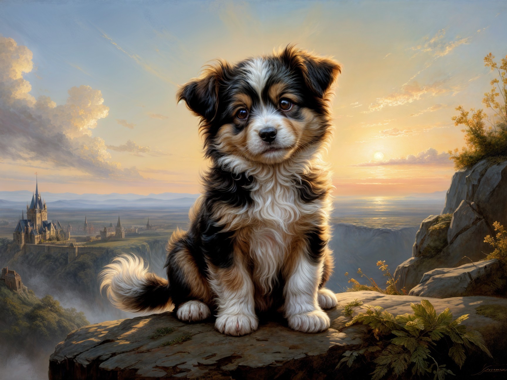 Fluffy Black and White Puppy on Rocky Ledge at Sunset