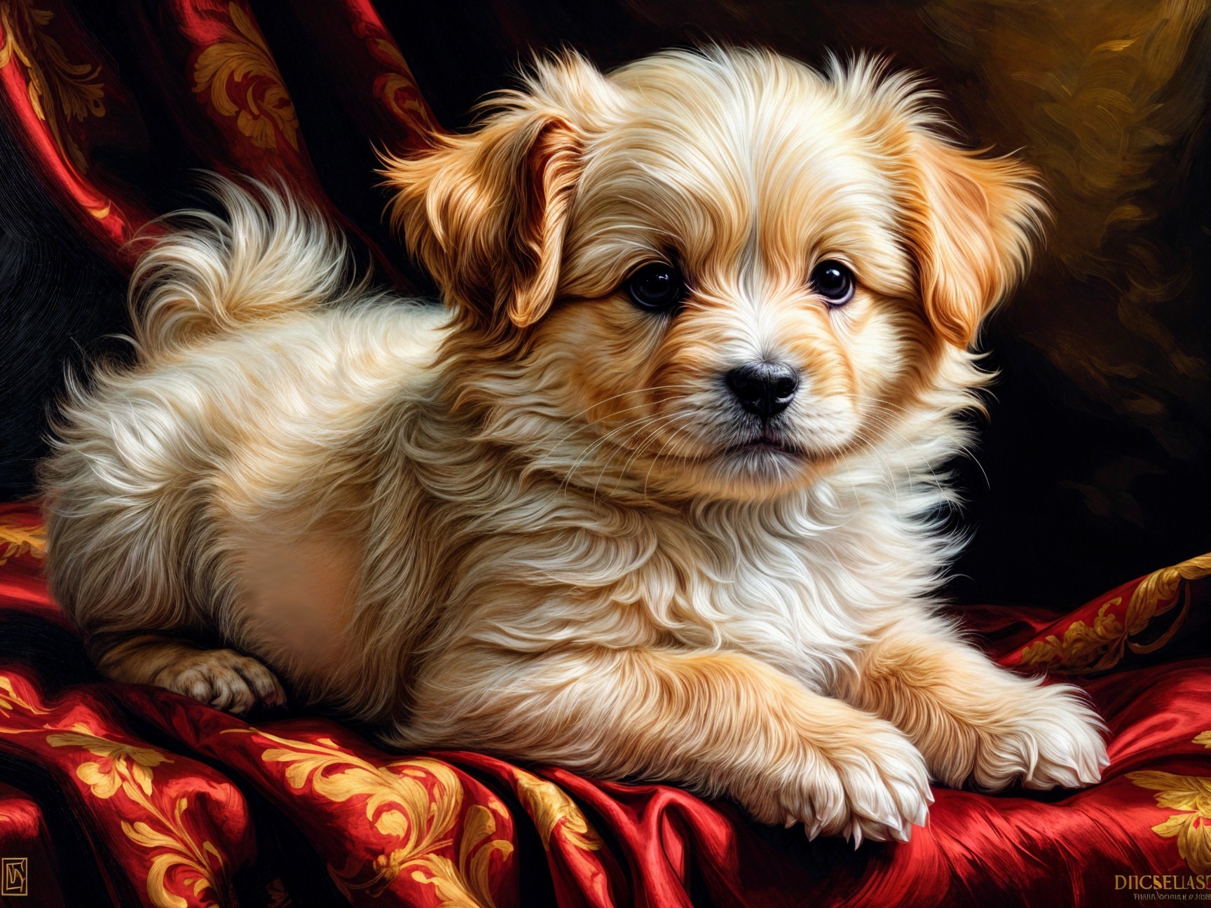 Fluffy Puppy on Rich Red and Gold Fabric Background