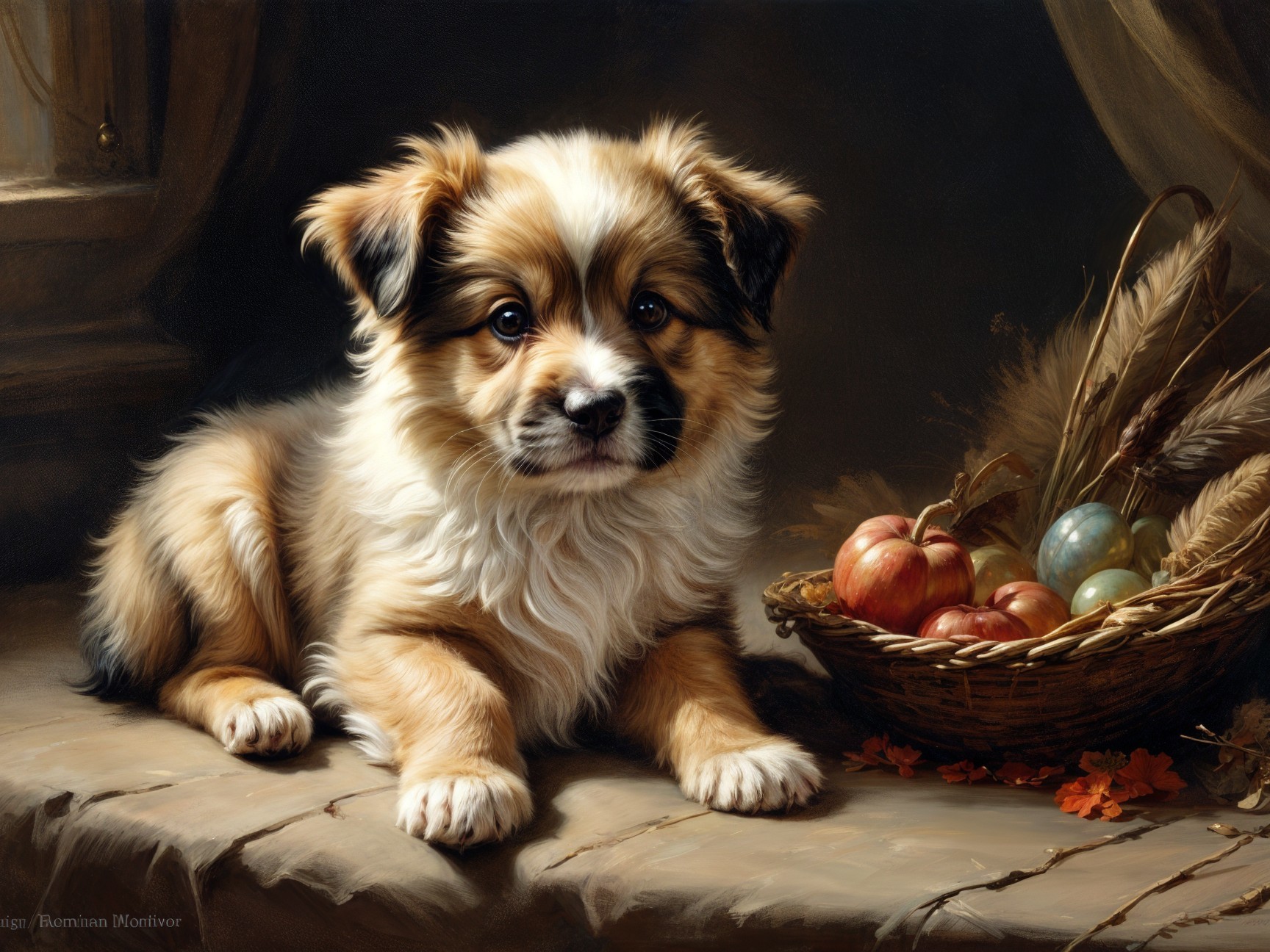 Fluffy puppy with autumnal decor on rustic surface