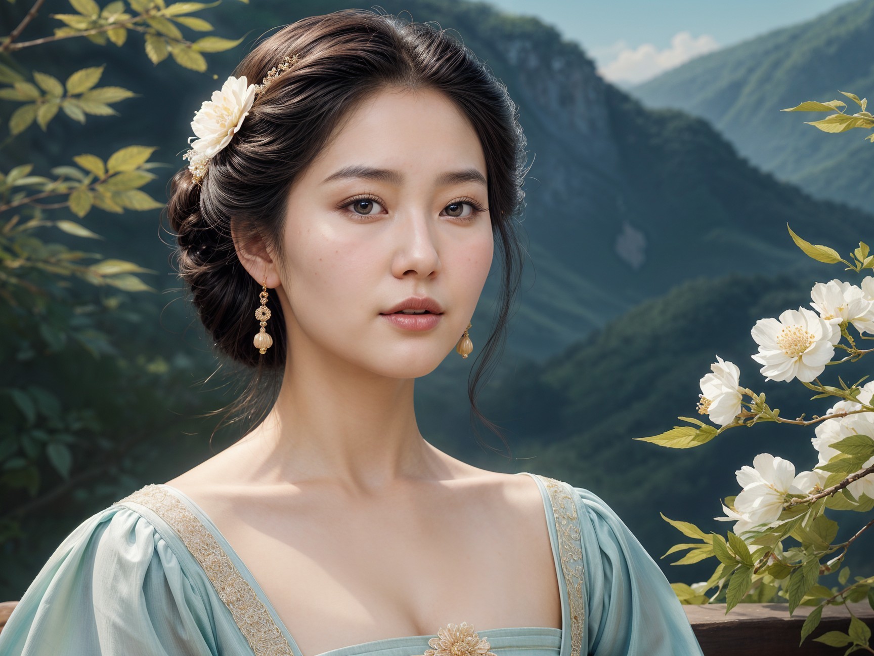 Young woman in pale blue gown with mountain backdrop