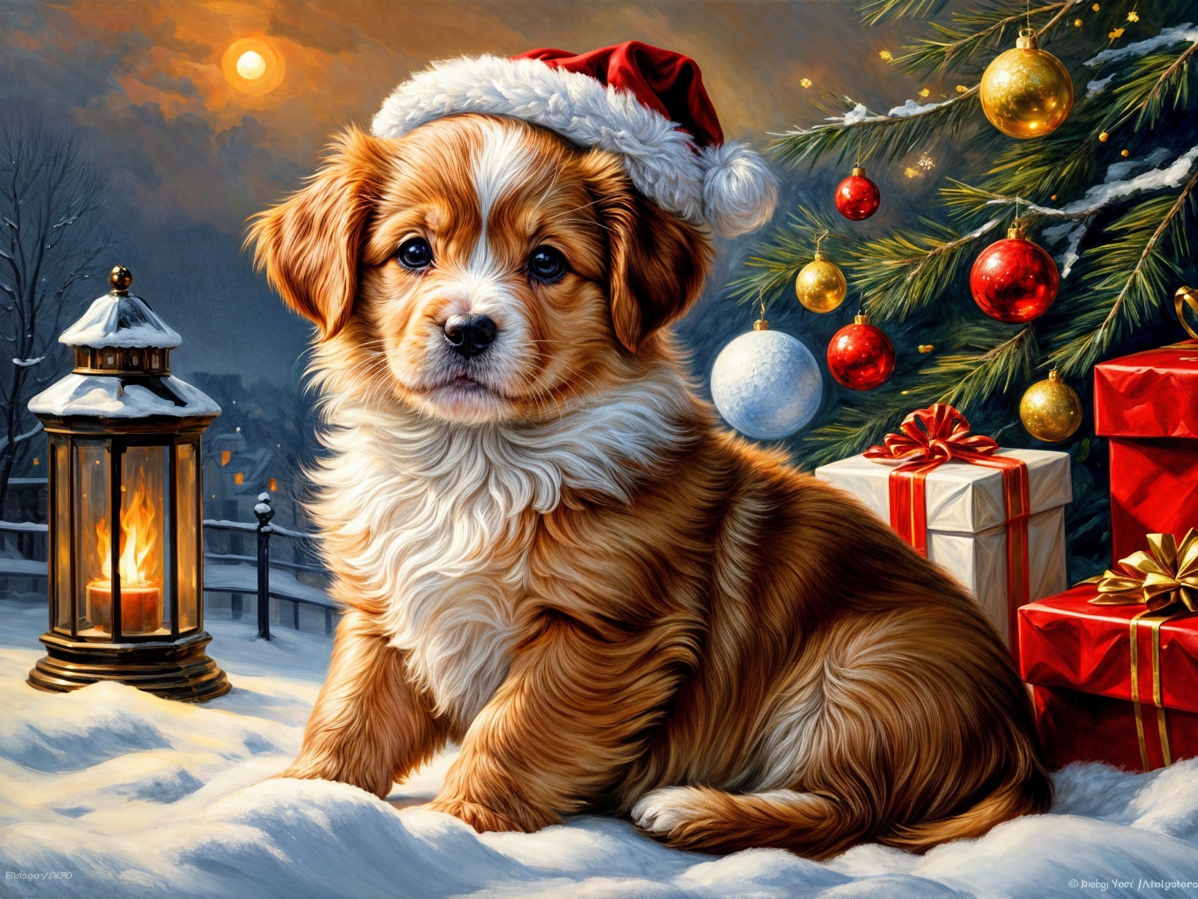 Puppy in Santa Hat Surrounded by Christmas Decor