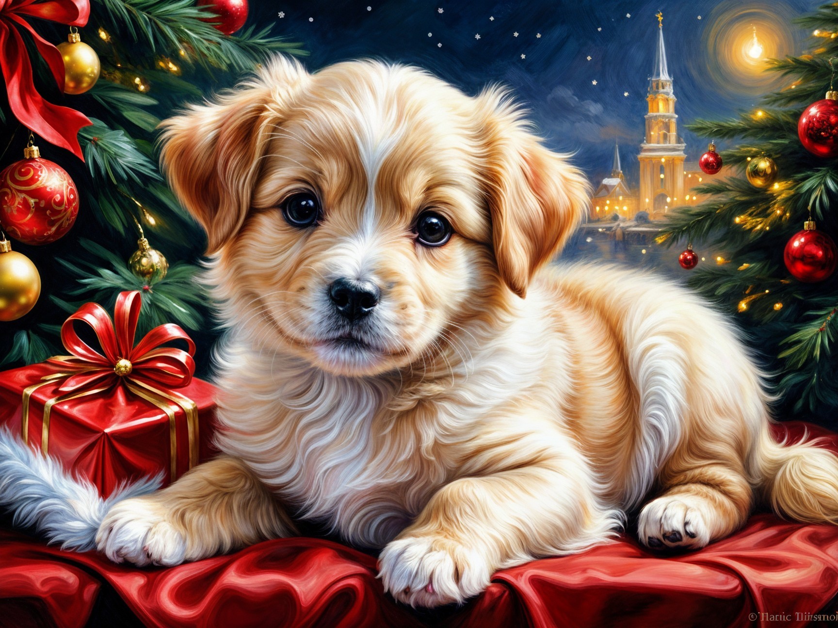Golden puppy on festive blanket with holiday decor